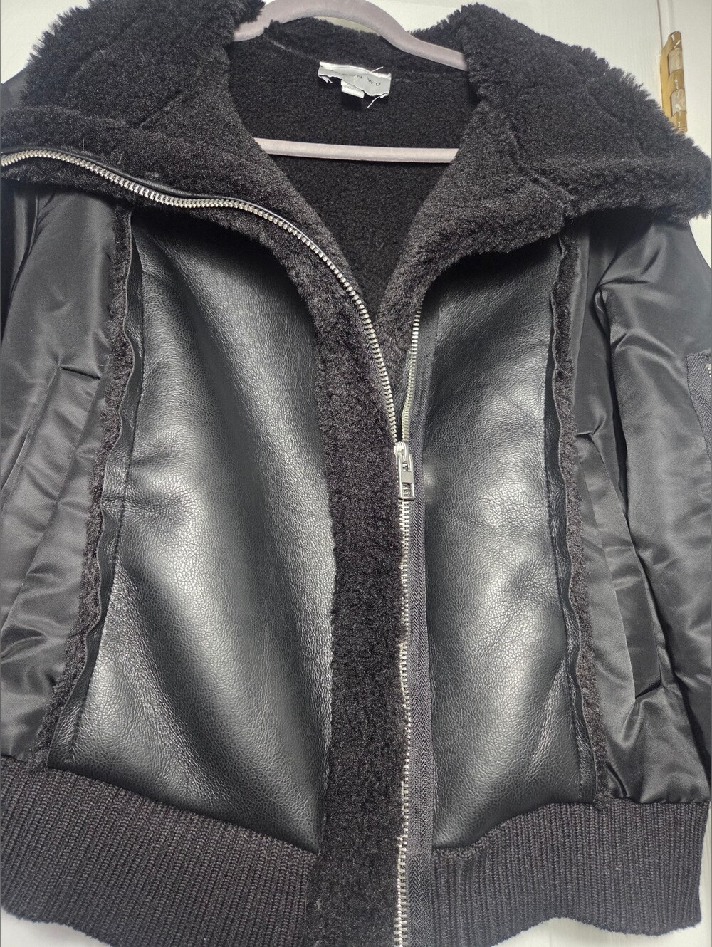 Jason Wu Women's Faux Leather Sherpa Aviator Bomber Jacket Black Size Large - Picture 4 of 11